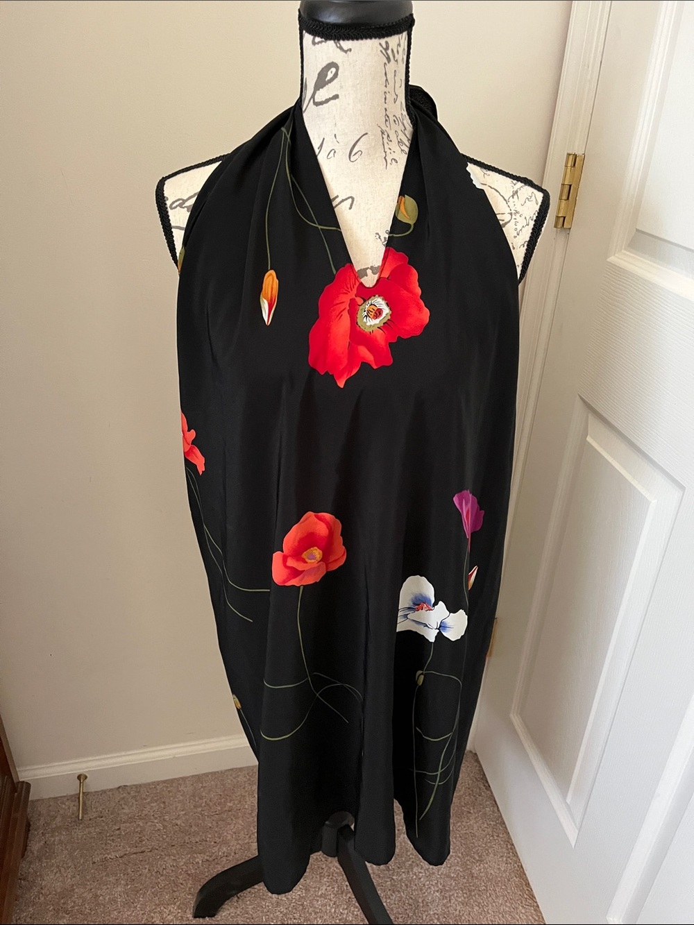 Bathing suit coverup Black Halter Dress with Red & White Floral Print